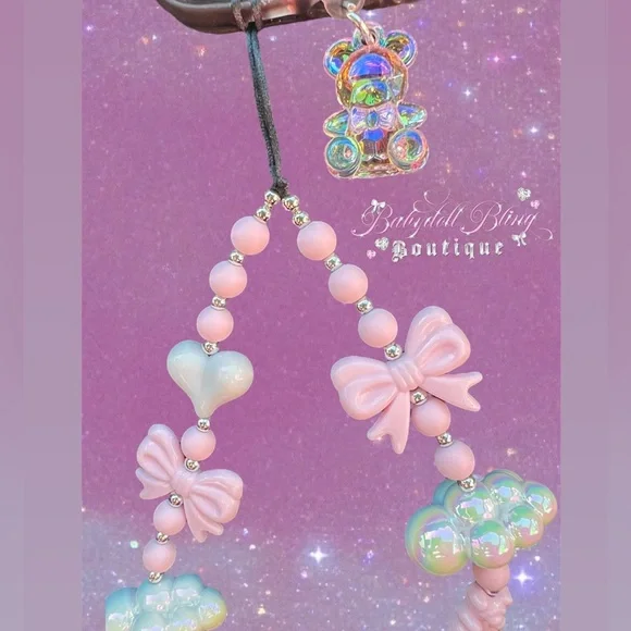 Phone Strap Lanyard ✨☁️ Luxury cloud ribbons hearts beaded shiny luxe y2k kawaii - Picture 4 of 17